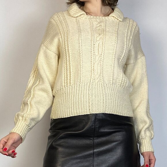 Vintage Cream CABLE Knit FISHERMAN Sweater with Collar Detail! Small to Medium - Picture 7 of 8